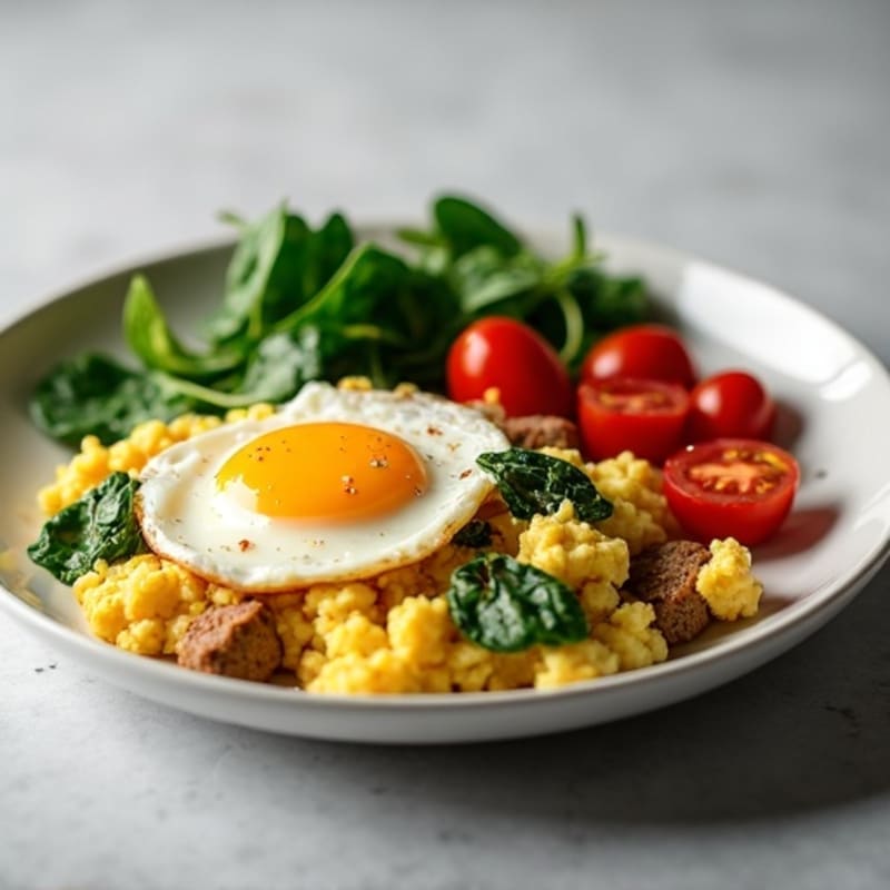 Egg White Scramble with Turkey Sausage and Sautéed Spinach