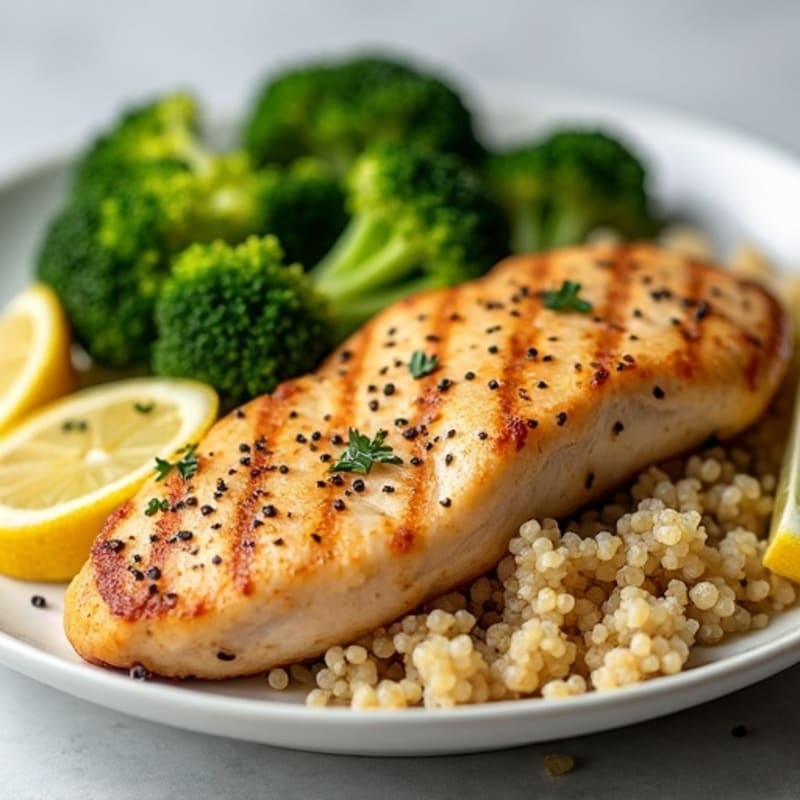 Grilled Lemon Pepper Chicken Breast with Quinoa and Steamed Broccoli
