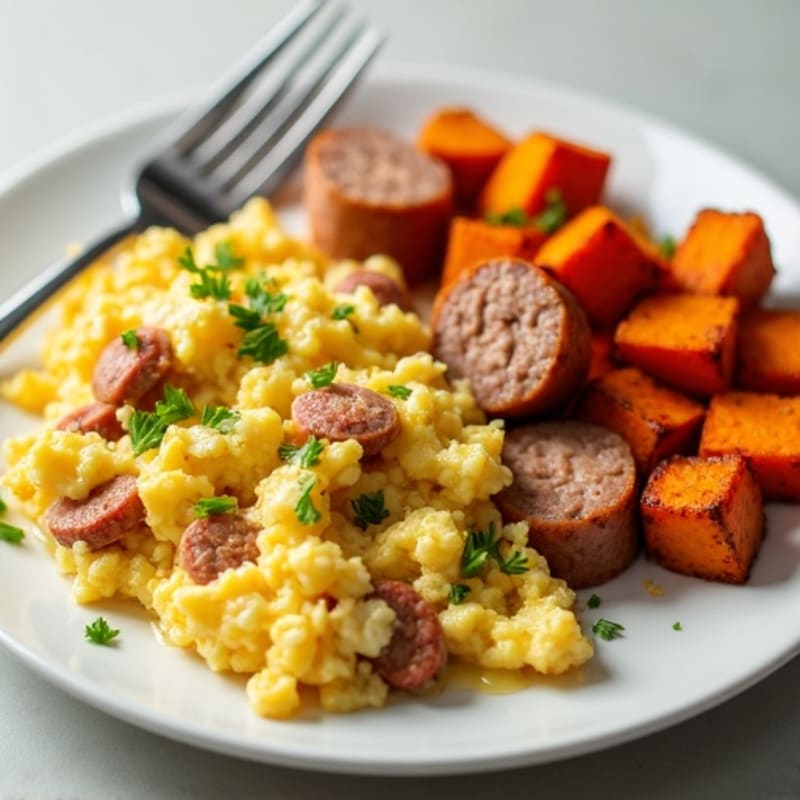 Egg White and Turkey Sausage Scramble with Roasted Sweet Potato