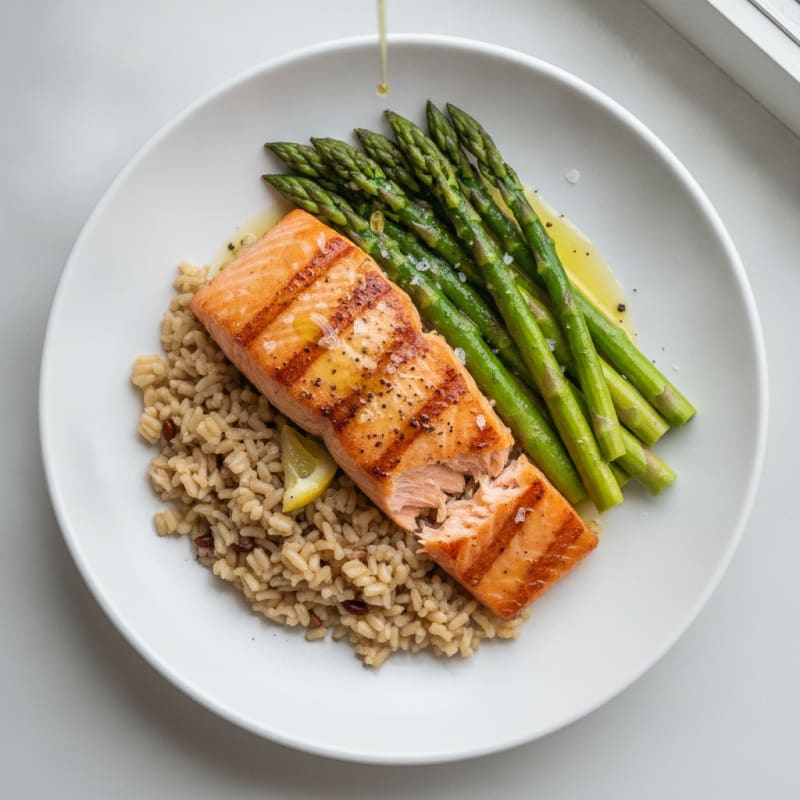 Seared Salmon with Steamed Asparagus and Brown Rice