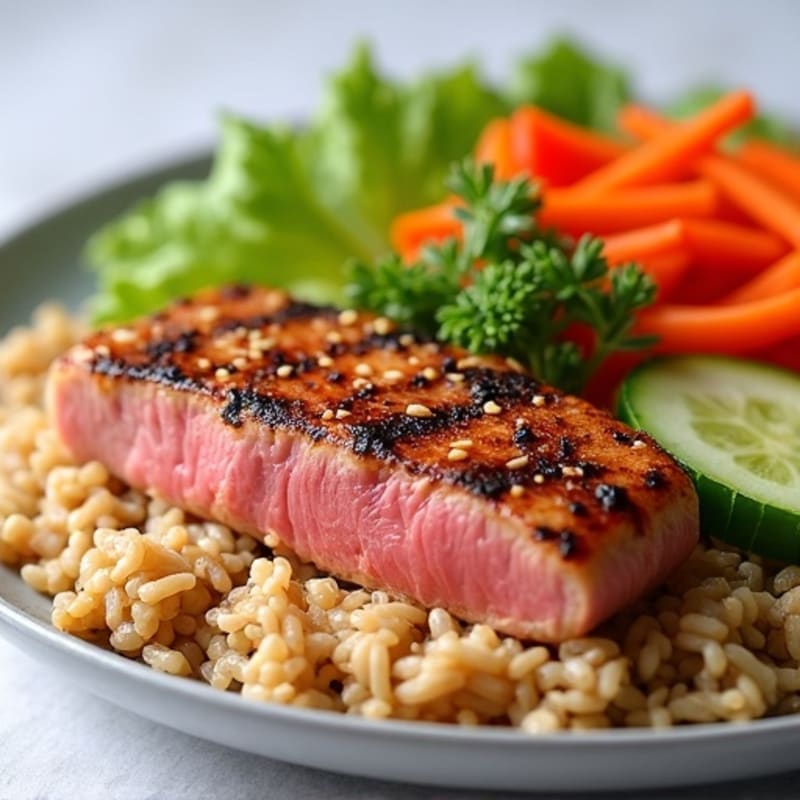 Fresh Ahi Tuna with Sesame-Ginger Brown Rice and Crisp Vegetables