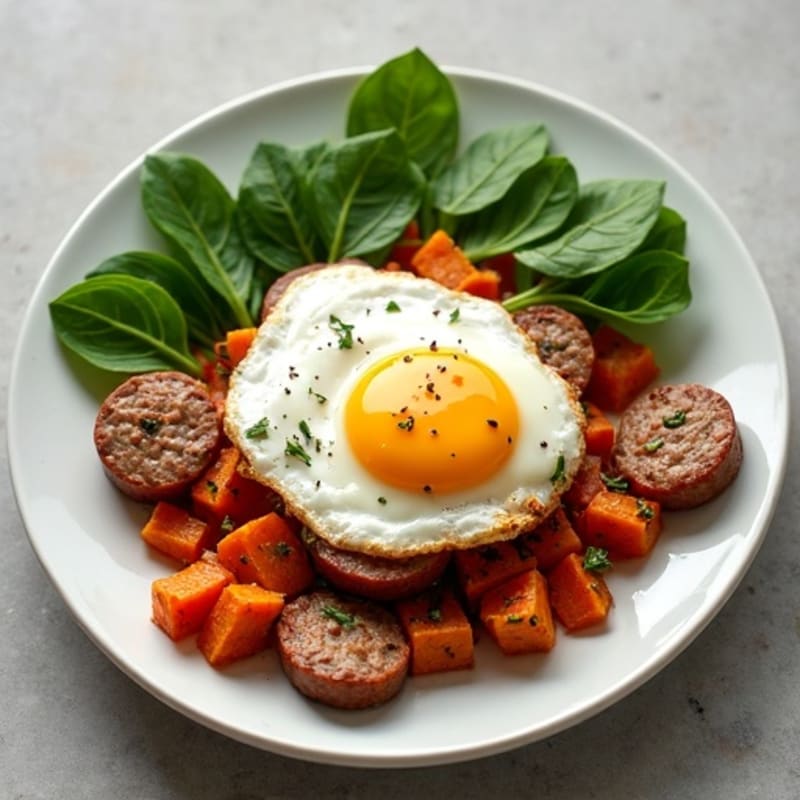 Crispy Sweet Potato and Turkey Sausage Hash with Fresh Spinach and Sunny-Side Up Eggs