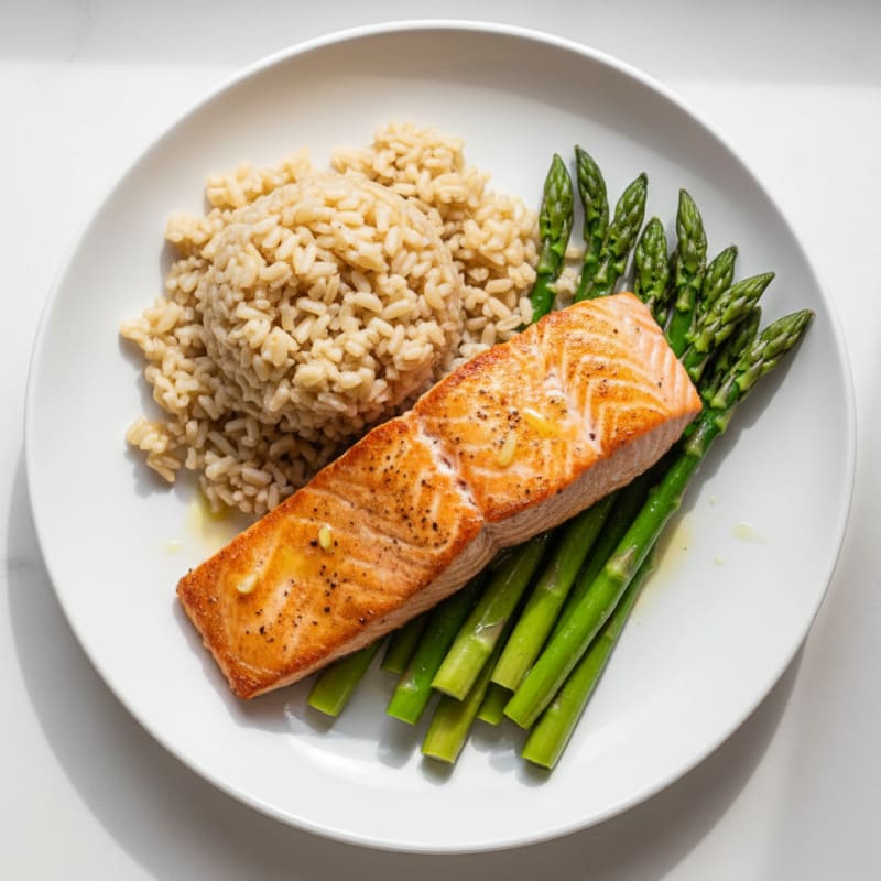 Seared Salmon with Steamed Asparagus and Brown Rice
