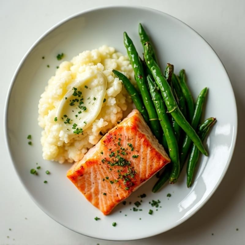 Seared Salmon with Garlic Green Beans and Cauliflower Mash