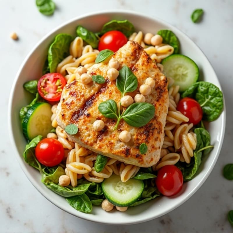 Grilled Chicken and Chickpea Pasta Salad with Leafy Greens