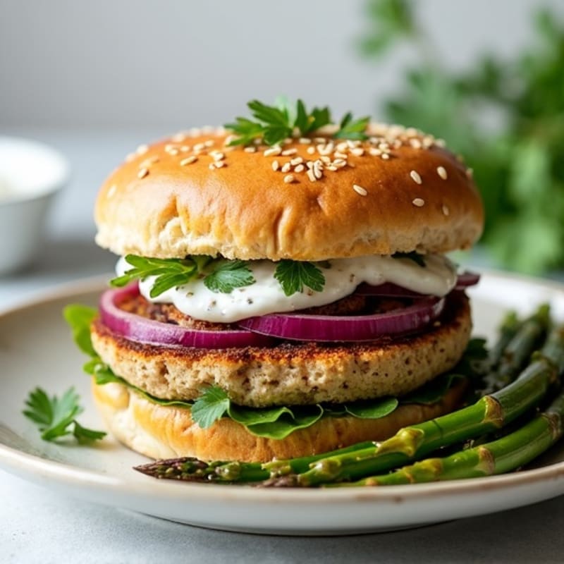Juicy Herb Turkey Burger with Roasted Asparagus