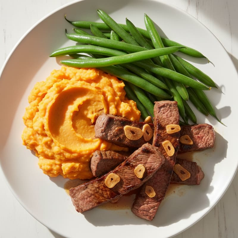 Seared Lean Beef Strips with Steamed Green Beans and Sweet Potato Mash