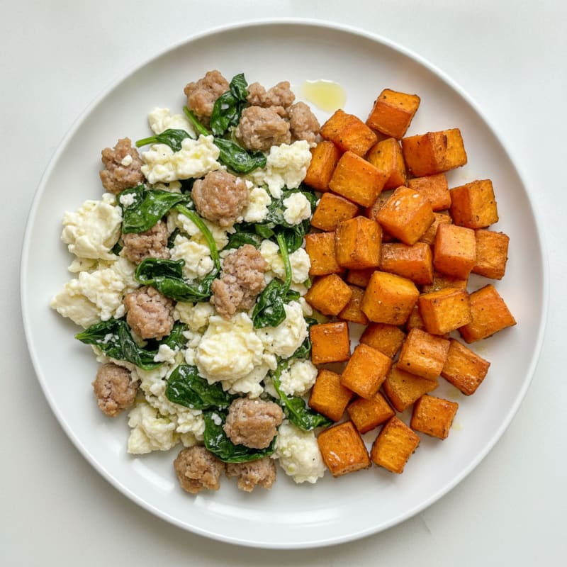 Egg White and Turkey Sausage Scramble with Spinach and Roasted Sweet Potatoes