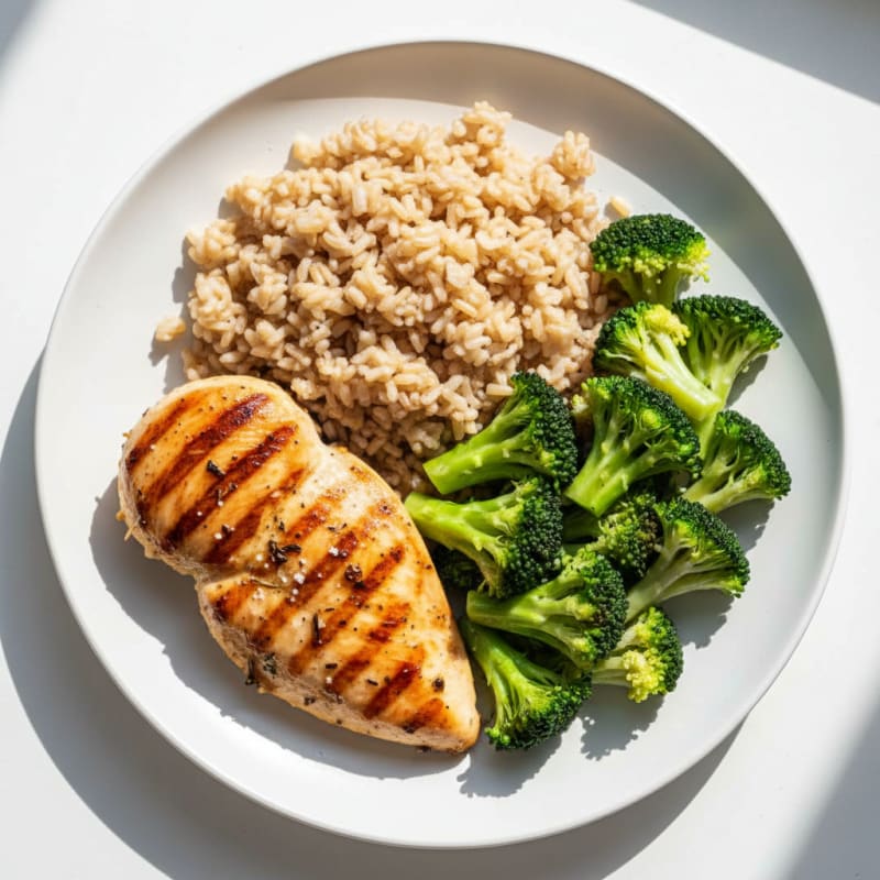 Grilled Chicken Breast with Brown Rice and Steamed Broccoli