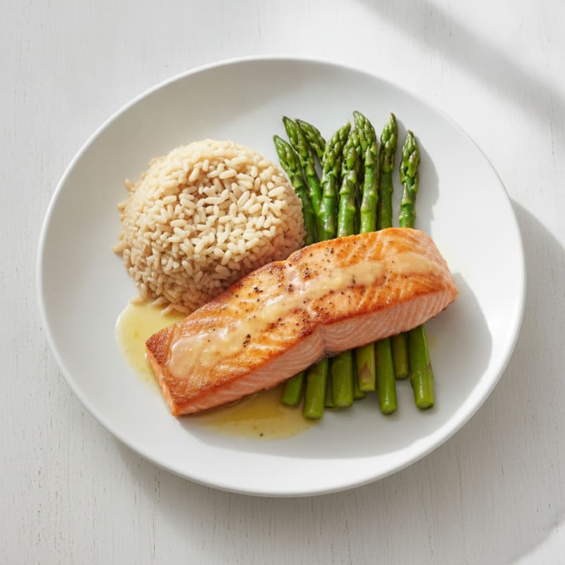 Seared Salmon with Steamed Asparagus and Brown Rice