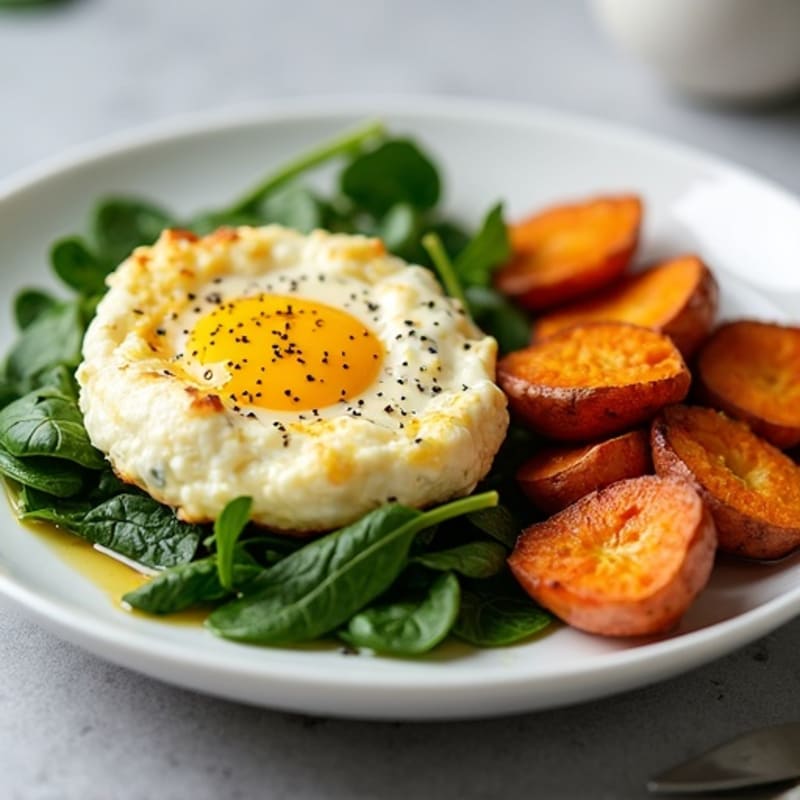 Egg White and Cottage Cheese Scramble with Spinach and Roasted Sweet Potatoes