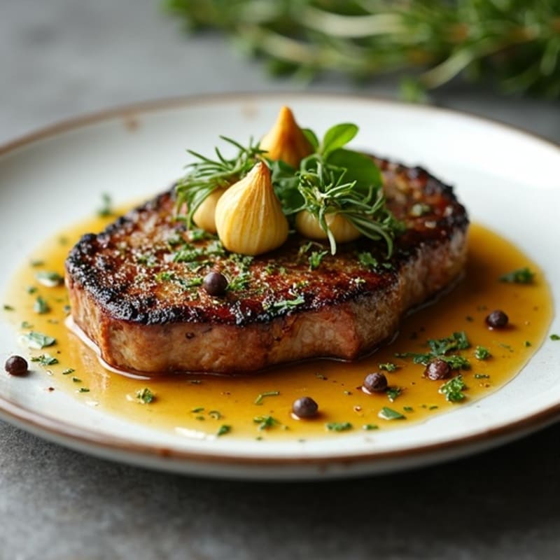 Herb-Crusted Pan Seared Steak with Roasted Garlic