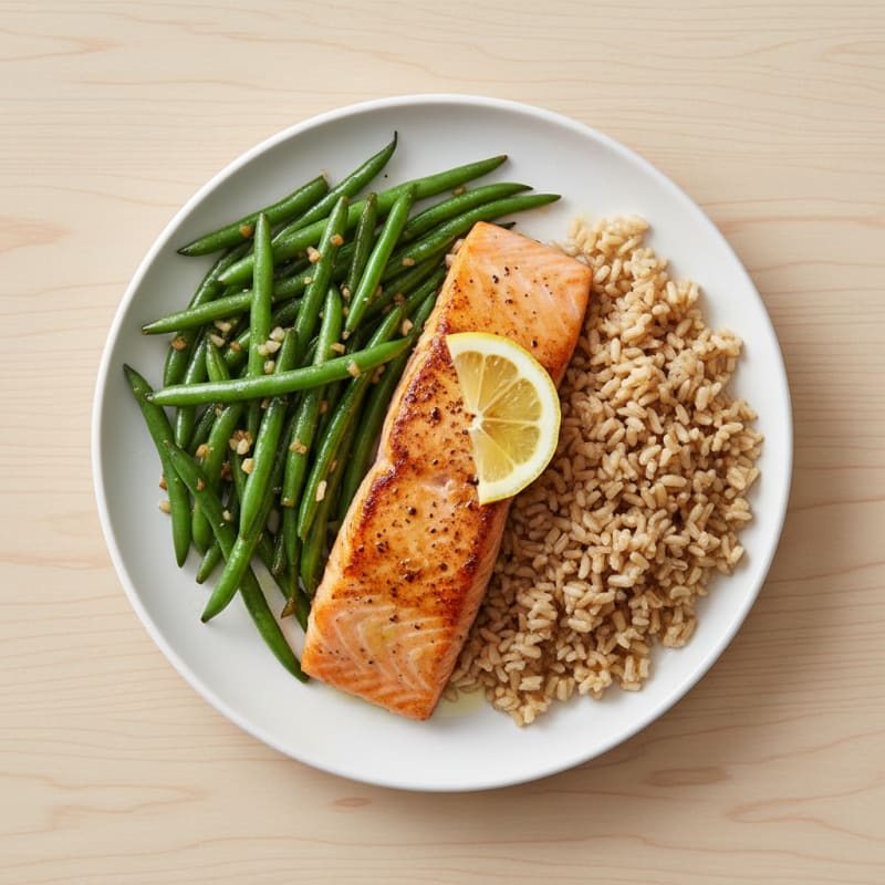 Seared Salmon with Garlic Green Beans and Brown Rice