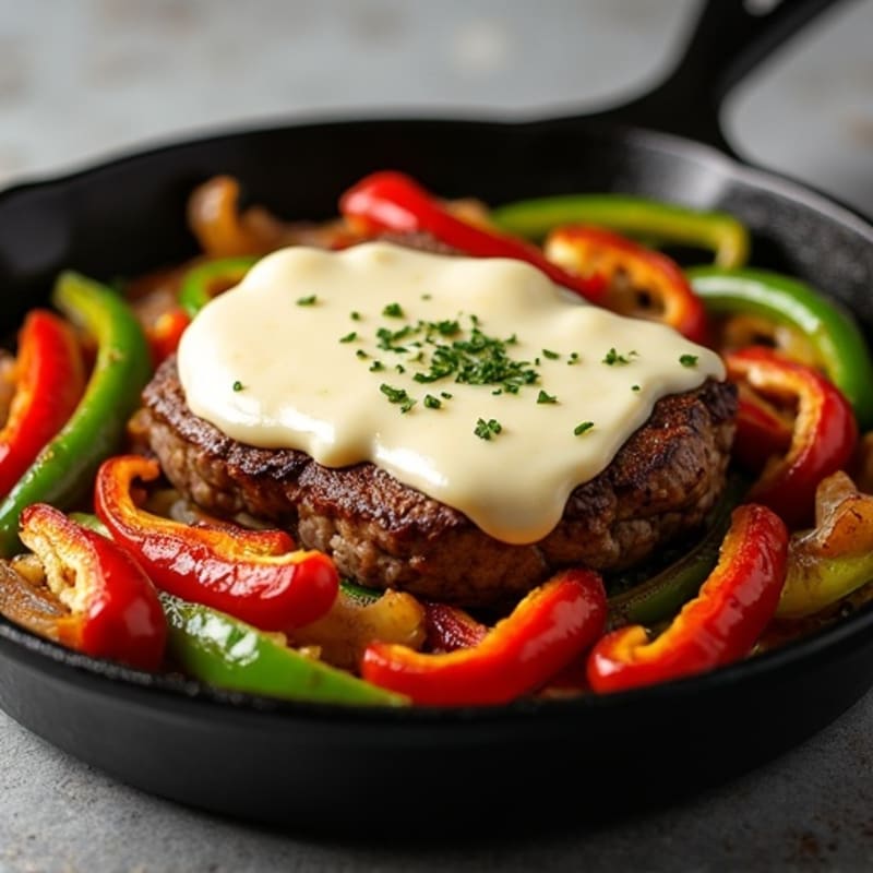 Lean Sirloin Skillet with Sautéed Peppers, Onions, and Creamy Provolone