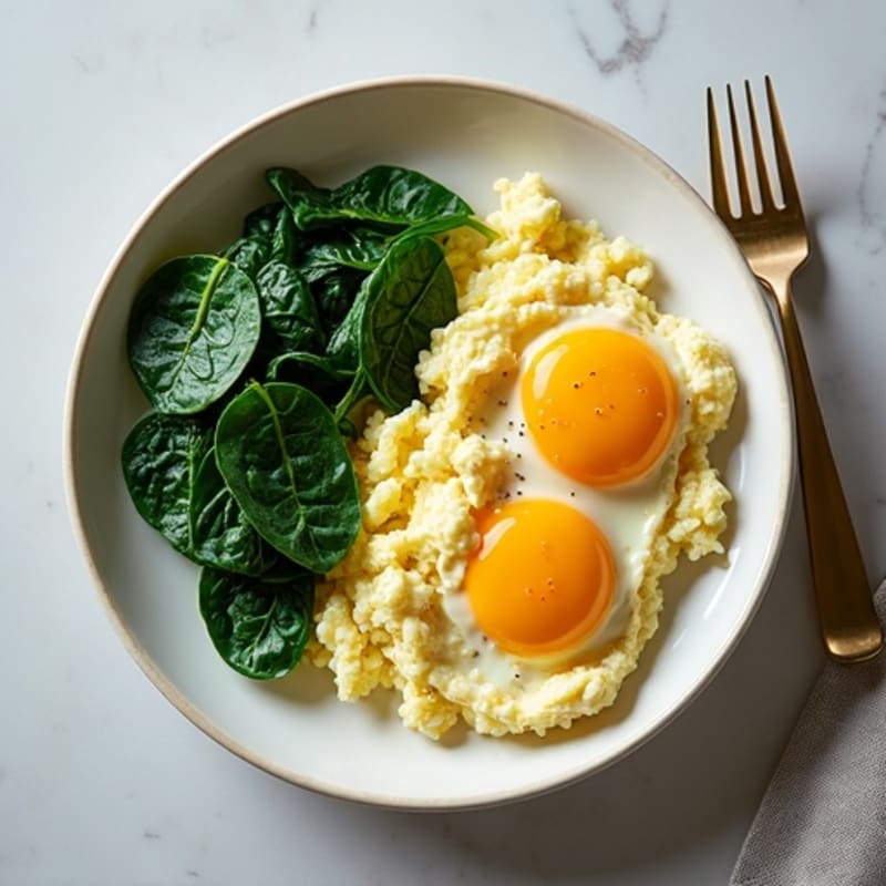Scrambled Eggs with Cottage Cheese and Sautéed Spinach