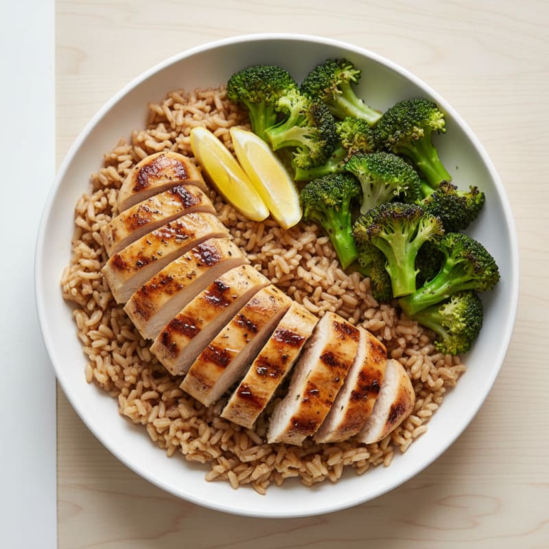 Grilled Chicken Breast with Steamed Broccoli and Brown Rice