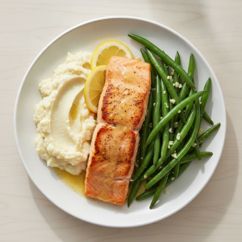 Seared Salmon with Garlic Green Beans and Mashed Cauliflower