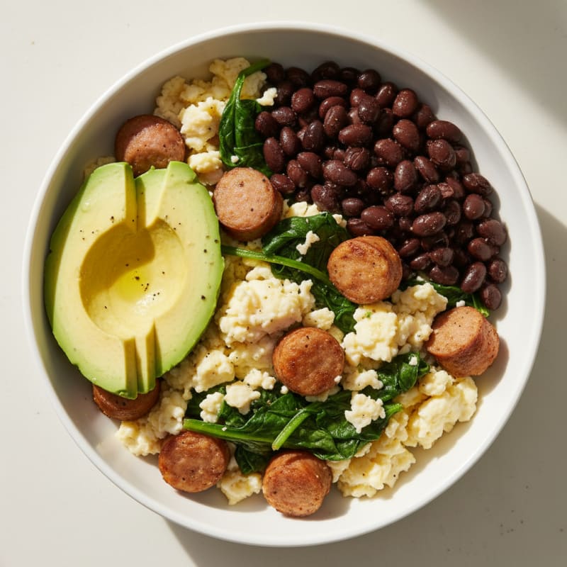 Scrambled Egg Whites with Chicken Sausage and Sautéed Spinach