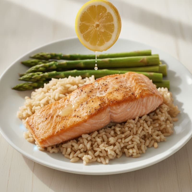 Seared Salmon with Steamed Asparagus and Brown Rice