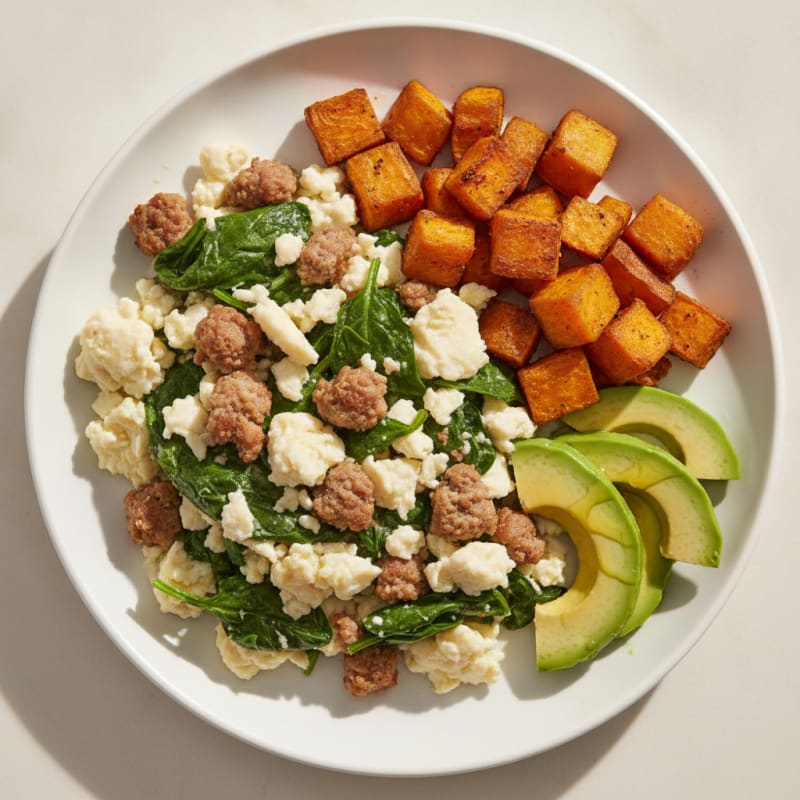 Egg White Scramble with Turkey Sausage and Baby Spinach