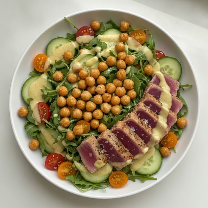 Crispy Chickpea and Seared Tuna Salad with Lemon Tahini Dressing