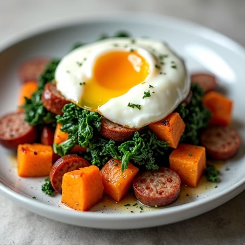 Savory Sweet Potato and Kale Hash with Poached Egg