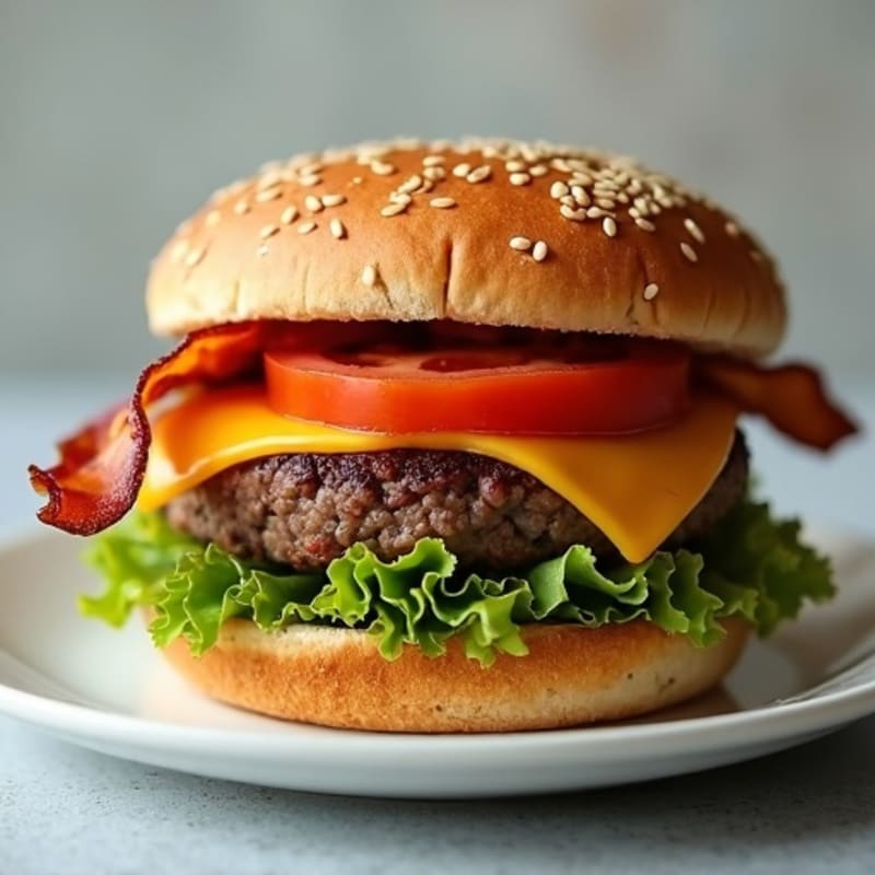 Lean Ground Beef Burger with Crispy Bacon and Melted Cheddar