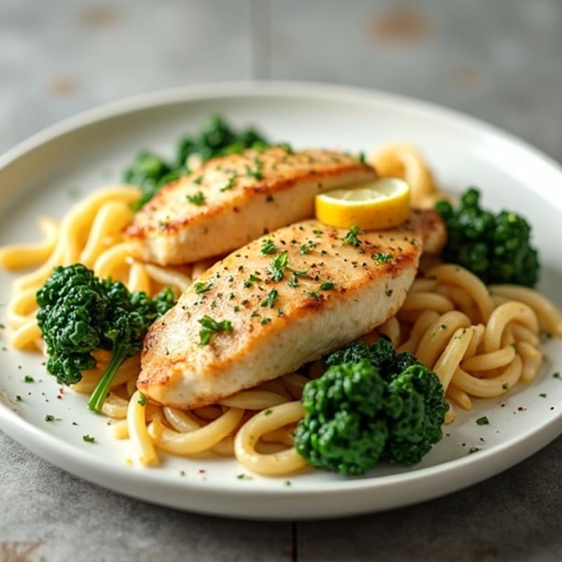 Creamy Lemon Garlic Chicken Whole Wheat Pasta with Fresh Spinach