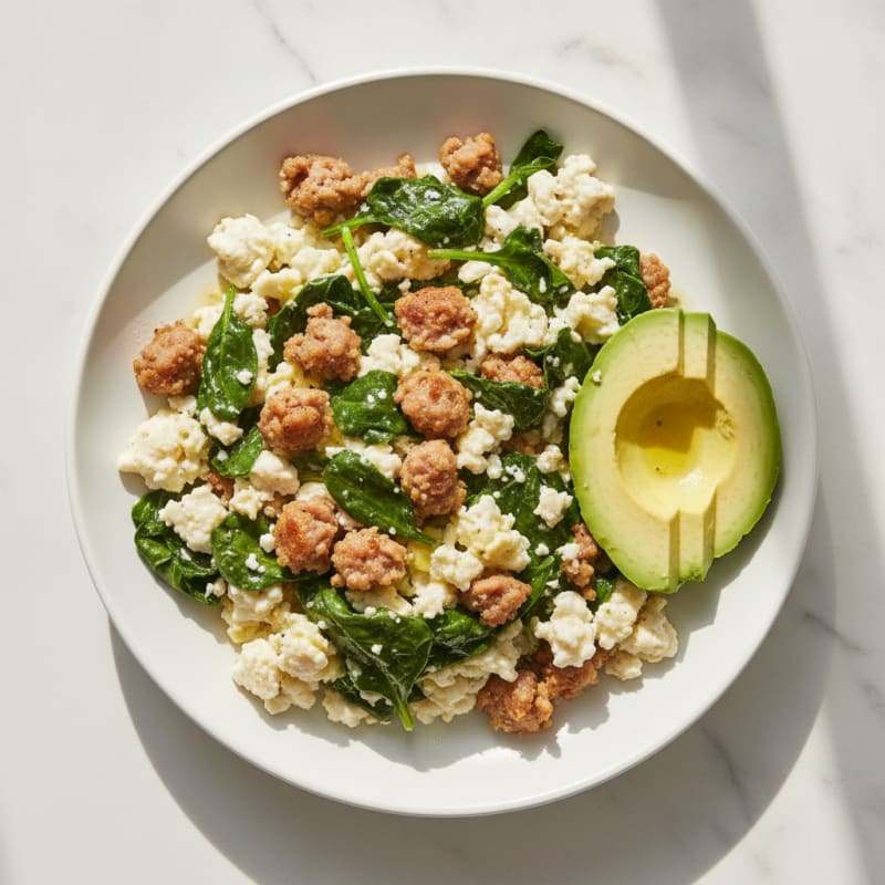 Scrambled Egg Whites with Turkey Sausage and Sautéed Spinach