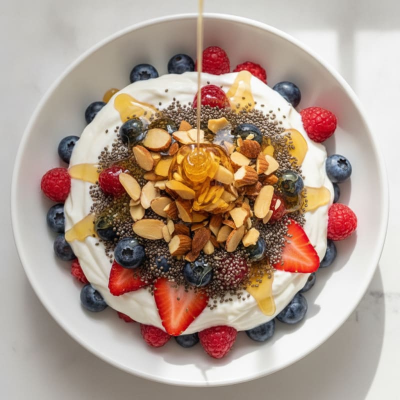 Silky Greek Yogurt Protein Parfait with Mixed Berries and Almonds