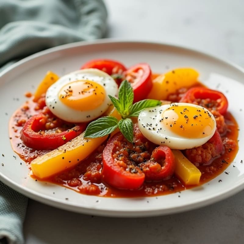 Saucy Baked Eggs with Spicy Tomato and Bell Peppers
