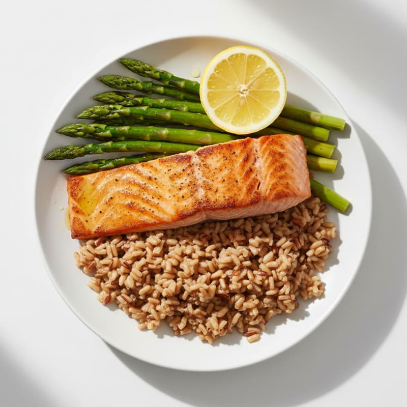 Seared Salmon with Steamed Asparagus and Brown Rice