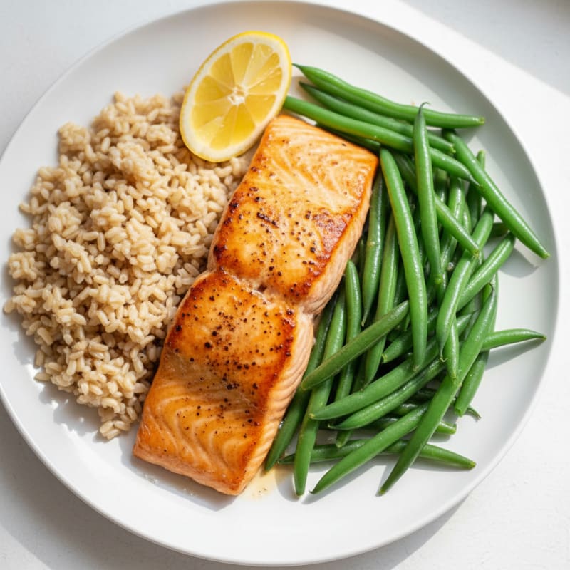 Seared Salmon with Steamed Green Beans and Brown Rice