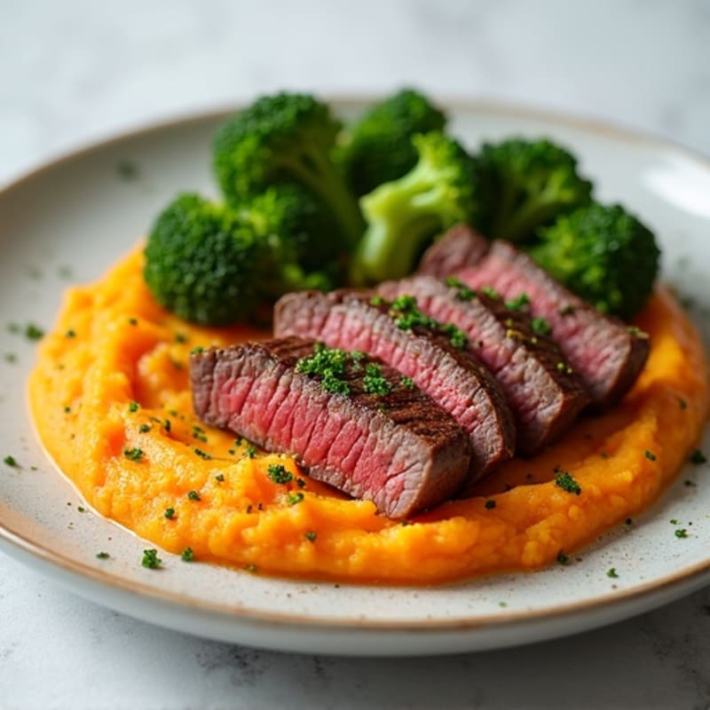 Seared Lean Beef with Roasted Broccoli and Sweet Potato Mash