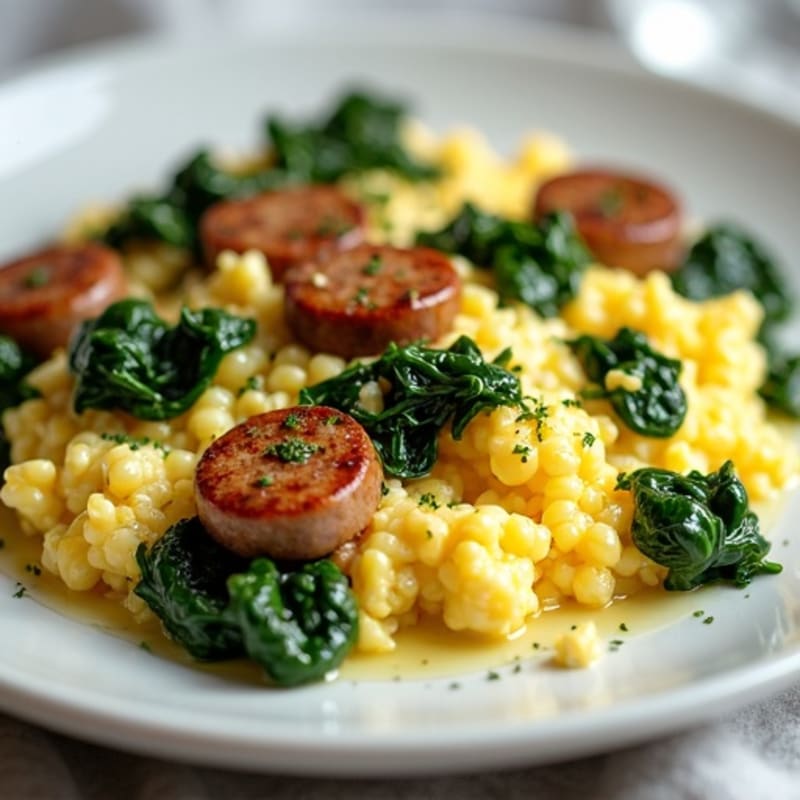 Egg White Scramble with Turkey Sausage and Sautéed Spinach
