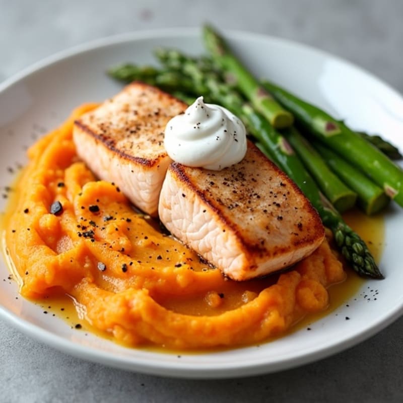 Seared Salmon with Roasted Asparagus and Sweet Potato Mash