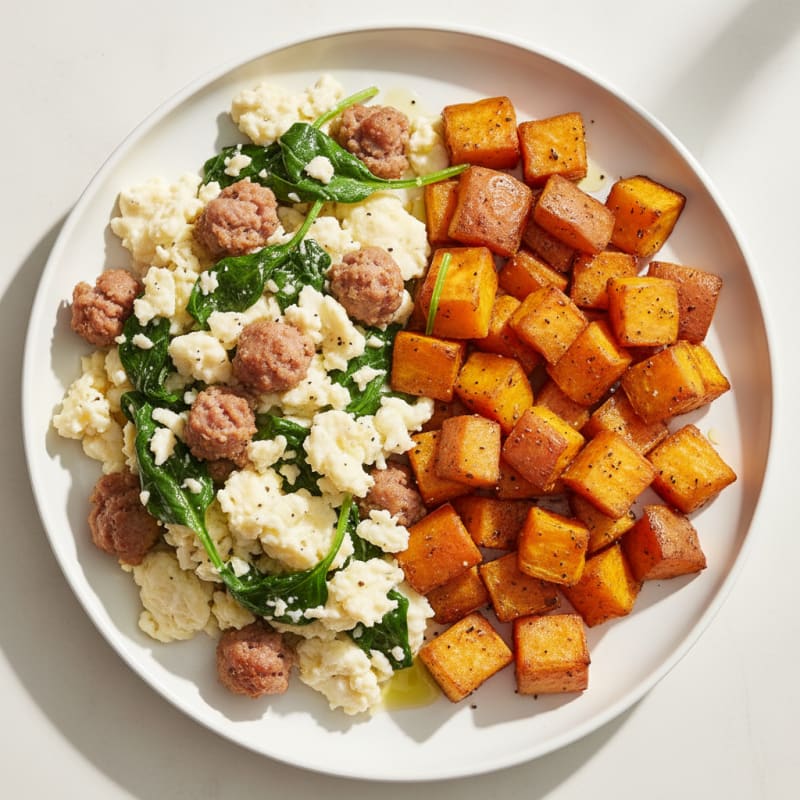 Egg White and Turkey Sausage Scramble with Spinach and Roasted Sweet Potatoes