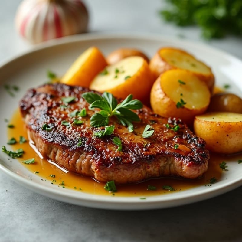 Crispy Garlic Butter Steak with Roasted Potatoes
