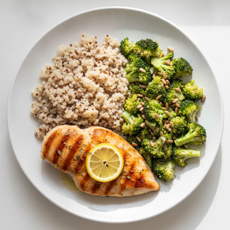 Grilled Chicken Breast with Quinoa and Crunchy Broccoli Salad