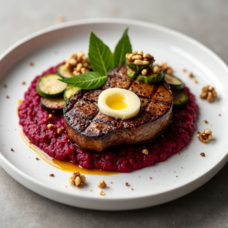 Grilled Steak with Sautéed Zucchini and Beet Mash