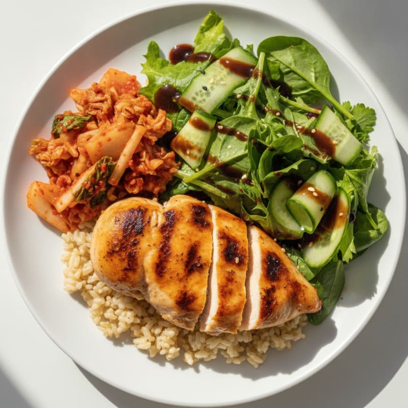 Juicy Grilled Chicken Breast with Kimchi and Mixed Greens Salad