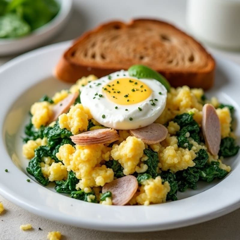 Egg White Spinach Scramble with Cottage Cheese and Sliced Turkey
