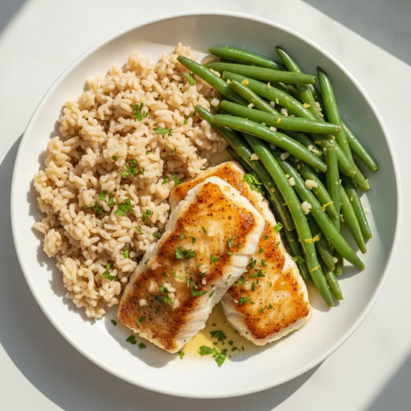 Seared Cod with Lemon-Garlic Green Beans and Brown Rice