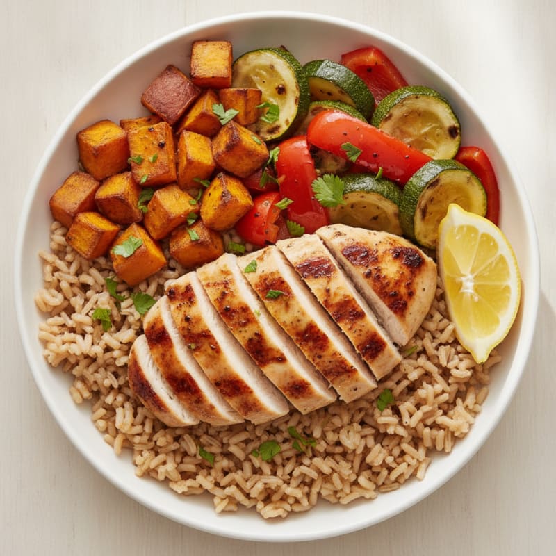 Grilled Chicken Rice Bowl with Roasted Vegetables
