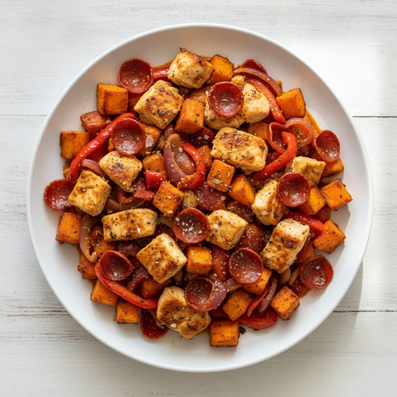 Chicken Sweet Potato Pepperoni Bake