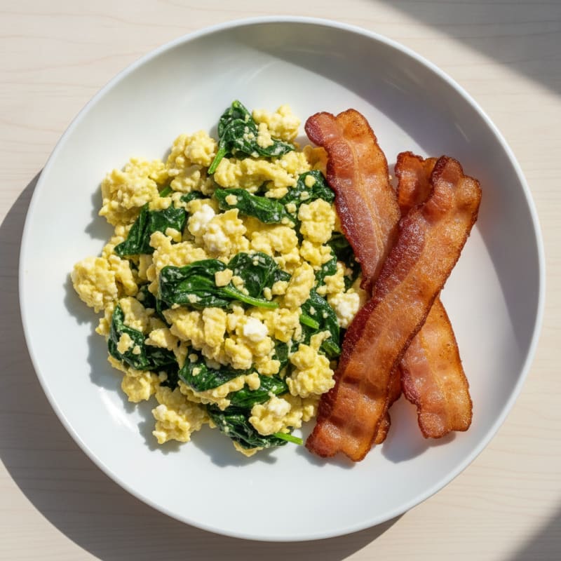 Cottage Cheese Scramble with Spinach and Turkey Bacon