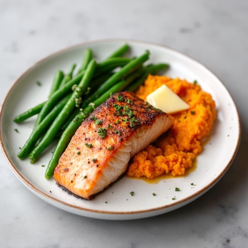 Seared Salmon with Steamed Green Beans and Sweet Potato Mash