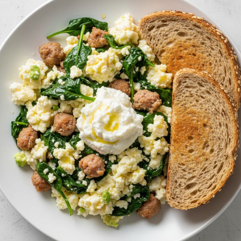 Egg White and Turkey Sausage Scramble with Spinach and Cottage Cheese