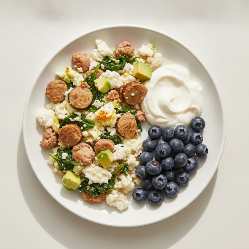 Egg White and Turkey Sausage Scramble with Greek Yogurt and Berries