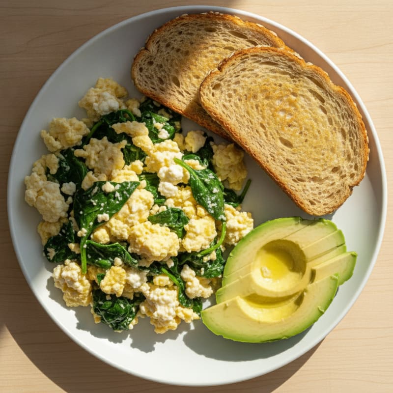 Scrambled Eggs with Cottage Cheese and Sautéed Spinach